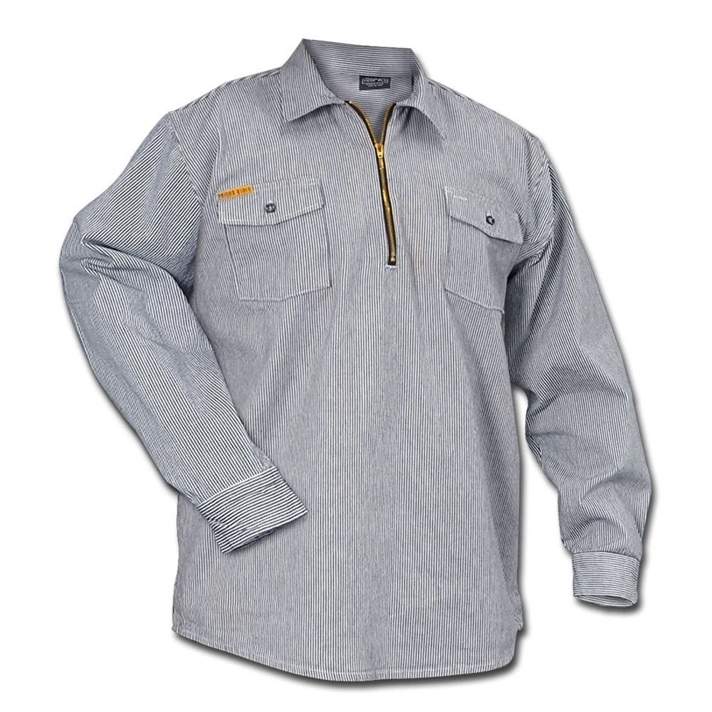 Prison-Blues-Hickory-Work-Shirt-Longsleeve-Zip.jpg Rugged Work Wear Prison Blues Long Sleeve Zipper-Front Hickory Work Shirt